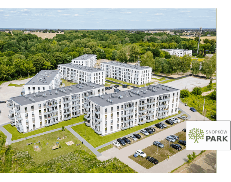 Widok na Snopków Park z lotu ptaka z nałożonym logo